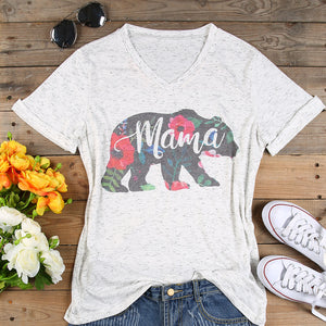 V Neck Floral Mama bear T-Shirt